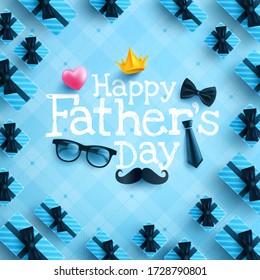 Afiche del Día del Padre Feliz con corbata, gafas y corazón en azul.Saludos y regalos para el Día del Padre con estilo de lecho plano.Promoción y plantilla de compras para el concepto de papá amoroso