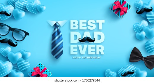 Happy Father's Day poster or banner template with cute heart,gift box,necktie and glasses.Greetings and presents for Father's Day.Vector illustration EPS10