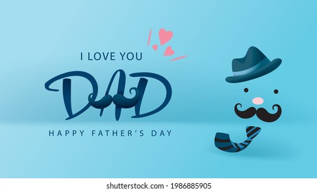 Happy Father's Day poster and banner template with cute illustration on blue background. Vector illustration for greeting card, shop, invitation, discount, sale, flyer, decoration.