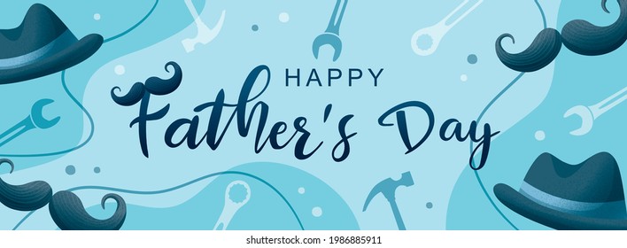 Happy Father's Day poster and banner template with tools on abstract blue background. Vector illustration for greeting card, shop, invitation, discount, sale, flyer, decoration.