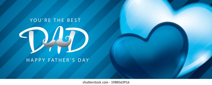 Happy Father's Day poster and banner template with hearts on blue background. Vector illustration for greeting card, shop, invitation, discount, sale, flyer, decoration.