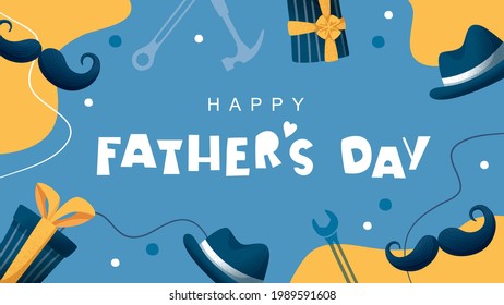 Happy Father's Day poster and banner template with cute illustration on abstract blue background. Vector illustration for greeting card, shop, invitation, discount, sale, flyer, decoration.