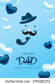 Happy Father's Day poster and banner template with flying hearts on light blue background. Vector illustration for greeting card, shop, invitation, discount, sale, flyer, decoration.