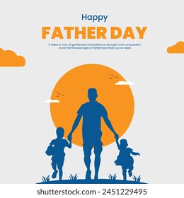 Happy Father's Day poster or banner template with clouds, birds, sun, father, son and daugher .Greetings and presents for Father's Day.Vector illustration 