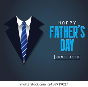 Happy Father's Day poster or banner with Dress coat, Necktie Sea blue background.