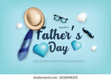 Happy Father's Day poster or banner template with necktie, glasses, hat on blue background.Greetings and presents for Father's Day in flat lay styling.Promotion and shopping template.