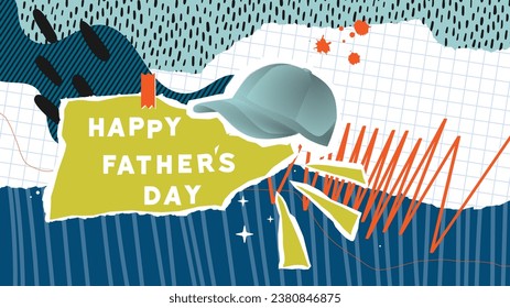 Happy Father's Day poster, card or banner template. Modern collage with cap, doodle elements, stickers, torn paper. Halftone collage in a contemporary punk grunge style. 