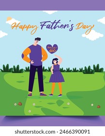 Afiche, tarjeta o Plantilla del Día del Padre. Papá con su hija. Vector plano dibujado a mano ilustración. Inscripción - El mejor papá de todos. Concepto aislado con fondo floral.