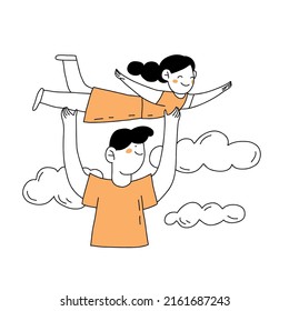 Happy father's day poster. Happy child flying on fathers arms hand drawn flat vector illustration. Outline minimal illustration in doodle style.