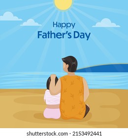 Happy Father's Day Poster Design With Back View Of Man And His Daughter Sitting On Beach Background.