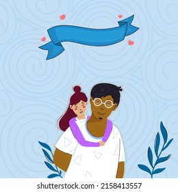 Happy Father's Day Poster Design With Cute Girl Hugging Her Dad From Behind On Blue Swirl Pattern Background.