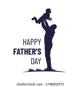 Happy Father's Day poster. Father holds a son child Silhouette. Man with little boy