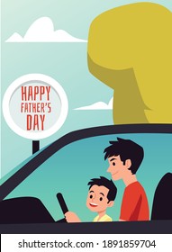 Fröhliche Väter stellen ein Plakat auf. Vater verbringt Zeit mit einem Sohn, der einem Jungen beibringt, der Auto fährt, Kind und Eltern sitzen zusammen und halten Lenkrad. Vektorflache Illustration.