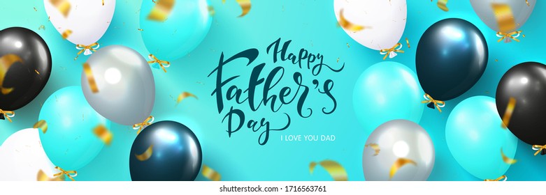 Happy fathers day poster with flying balloons and serpentine. Template design for postcard, flyer,banner, invitation.Vector illustration