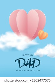 Happy Father's Day poster with flying heart and cloud on blue background. Vector illustration for greeting card, shop, invitation, discount, sale, flyer, decoration.