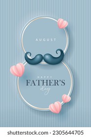 Happy Father's Day poster with flying heart and mustache on dark blue background. Vector illustration for greeting card, shop, invitation, discount, sale, flyer, decoration.