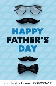 Happy Father's Day poster with glasses, moustache, bow tie and black heart at blue background. Vector for for banner, poster, sale, promo, discount, website social media, flyer, brochure, event, ads