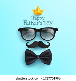 Happy Father's Day poster with Glasses,Mustache Paper and Bow tie on blue.Greetings and presents for Father's Day in flat lay styling.Promotion and shopping template for love dad concept