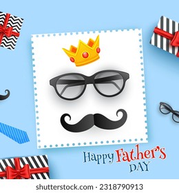 Happy Father's Day Poster or Greeting Card Design with Gift Box and Crown and Male Hipster Element Laying on Sky Blue Background.