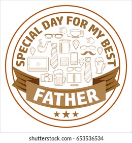 Happy Fathers day poster. Line art set of fathers cartoon  objects, symbols and items. Round frame composition. Vector illustration of Special day for my best father.