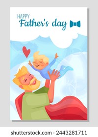 Happy Fathers day poster. Loving smiling dad playing with his little son. Father takes care of his child. Adorable greeting card for holiday. Cartoon flat vector illustration isolated on background