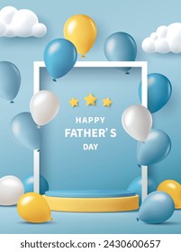 Happy Father's Day poster for product demonstration. Yellow pedestal or podium with balloons on blue background.