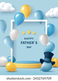 Happy Father's Day poster for product demonstration. Yellow pedestal or podium with balloons on blue background.