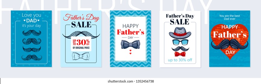 Happy Father's day poster set. Cute card with mustaches, butterfly tie, vintage had for best Dad. Cool sketch drawing art with elegant typography for sale offer, banner, t-shirt print. Blue background