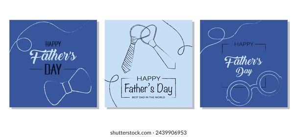 Happy Father's Day poster set on a blue background In a minimalistic style with outline thematic icons. The set is great for cards, brochures, flyers, and advertising poster templates. It is a vector
