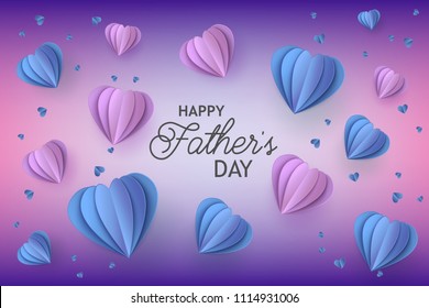 Happy fathers day poster template with lettering inscription on purple papercut origami style air balloons on violet background. Family holiday celebration banner, greeting or invitation card vector