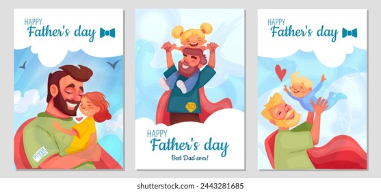 Happy Fathers day posters set. Smiling dads hugging sons and daughters and taking care of their children. Cute Greeting Cards for Fathers. Cartoon flat vector illustrations isolated on background