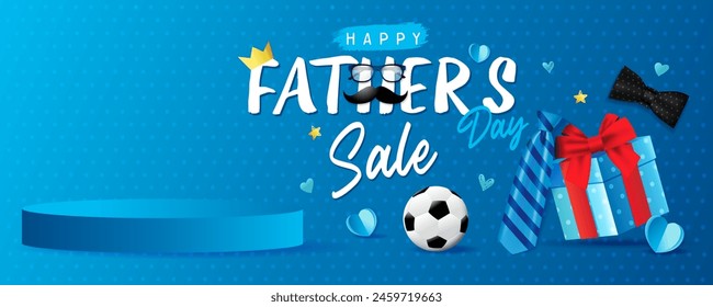 Happy Fathers day promotion banner for product demonstration. Empty podium for fashion product from Father's Day sale. Vector illustration