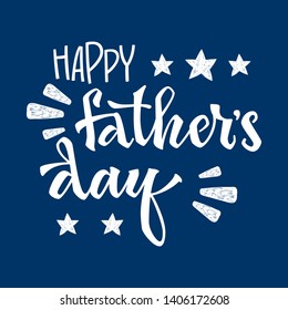 Happy Fathers day quote. Hand drawn script stile hand lettering. Isolated white logo  flat phrase on navy blue background.  Stars, rays decore.