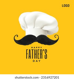 Happy Father's Day restaurant creative Concept. Símbolo padre hecho con un sombrero de chef y bigote. Concepto de restaurante y marca de comida rápida para el concepto del día del padre y espacio para copiar.
