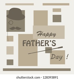 Happy Father's day . Retro vector illustration of bowler, mustaches, suit, stick , monocle and text