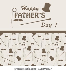Happy Father's day . Retro vector illustration of bowler, mustaches, suit, stick , monocle and text