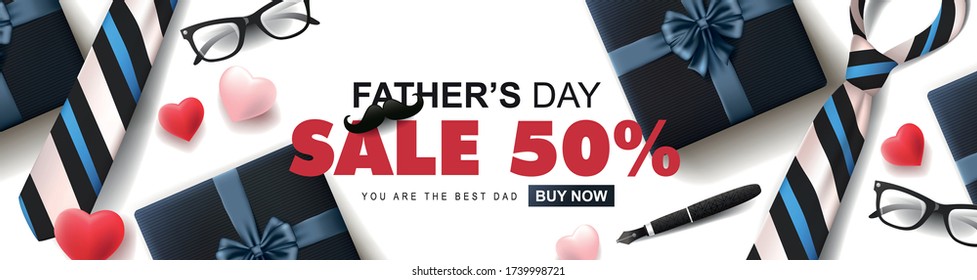 Happy Fathers Day Sale 50% off banner with gift for dad on white background. Promotion and shopping template for Father's Day. Vector illustration.