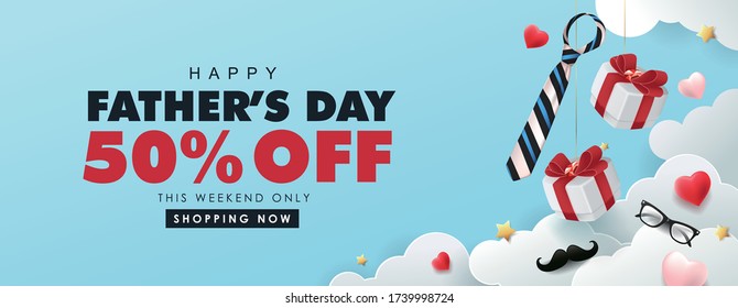 Happy Fathers Day Sale 50% off banner with gift box and heart shape on cloud background. Promotion and shopping template for Father's Day. Vector illustration.