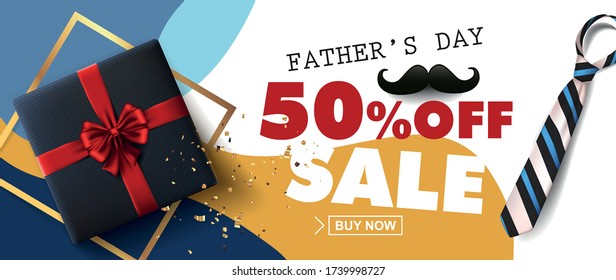 Happy Fathers Day Sale 50% off banner with gift for dad on white background. Promotion and shopping template for Father's Day. Vector illustration.