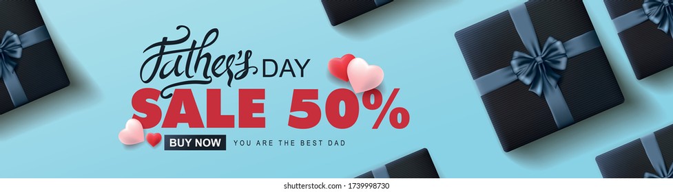 Happy Fathers Day Sale 50% fuera de banner con caja de regalo y forma cardíaca sobre fondo azul. Plantilla de promoción y compras para el Día del Padre. Ilustración vectorial.