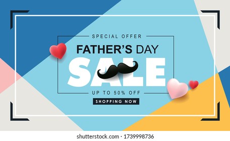 Happy Fathers Day Sale 50% off banner background. Promotion and shopping template. Vector illustration.