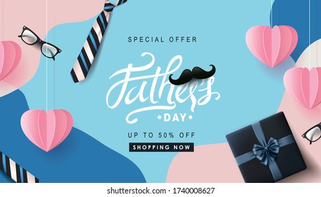 Happy Fathers Day Sale 50% off banner with gift for dad on white background.Promotion and shopping template for Father's Day.Vector illustration.