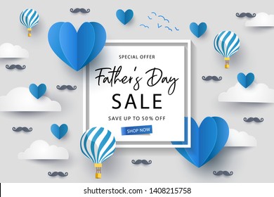Happy Father's Day Sale background, banner, poster or flyer design with flying origami hearts over clouds with air balloons and paper mustache. Paper art, digital craft style. Vector illustration