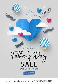 Happy Father's Day Sale background, banner, poster or flyer design with flying origami hearts over clouds with air balloons, paper mustache, glasses and bow tie. Paper art, digital craft style. 