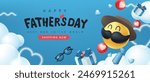 Happy Fathers Day sale banner background with mustache smiley character 