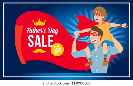 happy father's day sale banner with 50% off offers. vector illustration for flyer, banner, ad or poster.