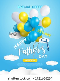 Happy Father's Day Sale banner or Promotion on blue background. Creative design with yellow, blue and white balloon and clouds elements. Vector illustration.