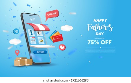 Happy Father's Day Sale banner or Promotion on blue background. Online shopping store with mobile , credit cards and shop elements. Vector illustration.