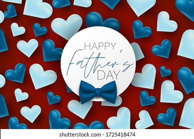 Happy Father's Day sale banner. Blue tie bow and hearts on red background. Vector illustration.
