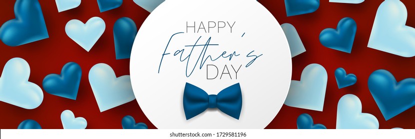 Happy Father's Day sale banner or header. Blue tie bow and hearts on red background. Vector illustration.